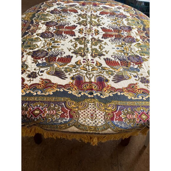 Cream gold blue burgundy rectangular embroidered tablecloth with gold fringe - Picture 1 of 6